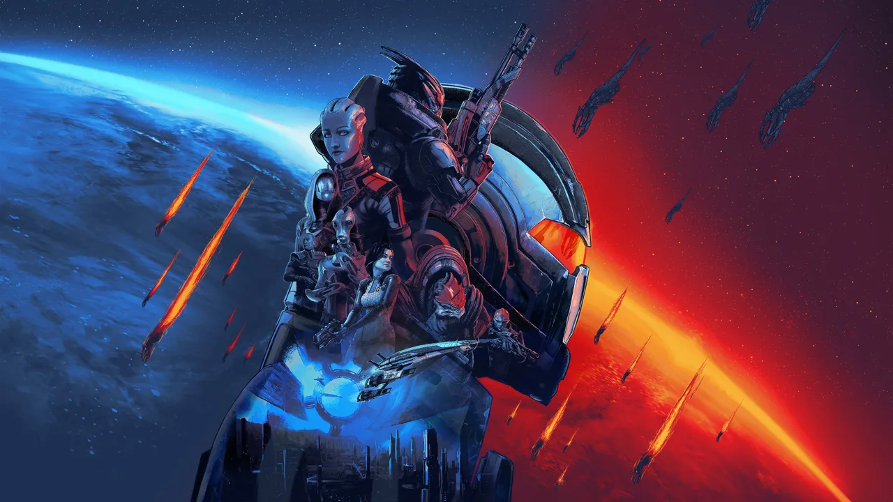 Mass Effect Legendary Edition key art with squad and Reaper ships over a planet
