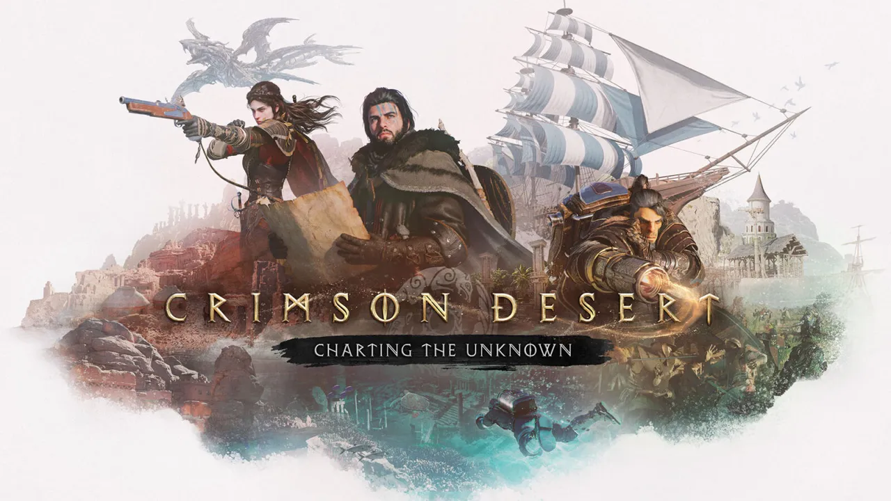 Crimson Desert Charting the Unknown key art with Kliff, Oongka, Damiane, a sailing ship and a diver