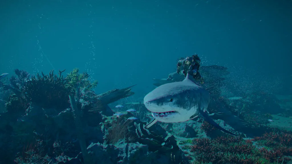 A diver swims beside a shark in a Crimson Desert Charting the Unknown screenshot