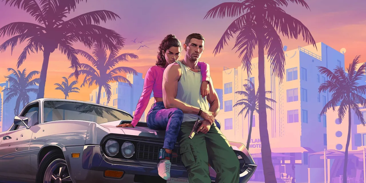 Official GTA 6 key art of Jason and Lucia in Vice City