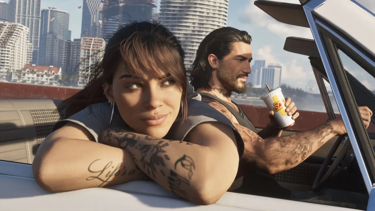 Jason and Lucia driving through Vice City in an official GTA 6 screenshot
