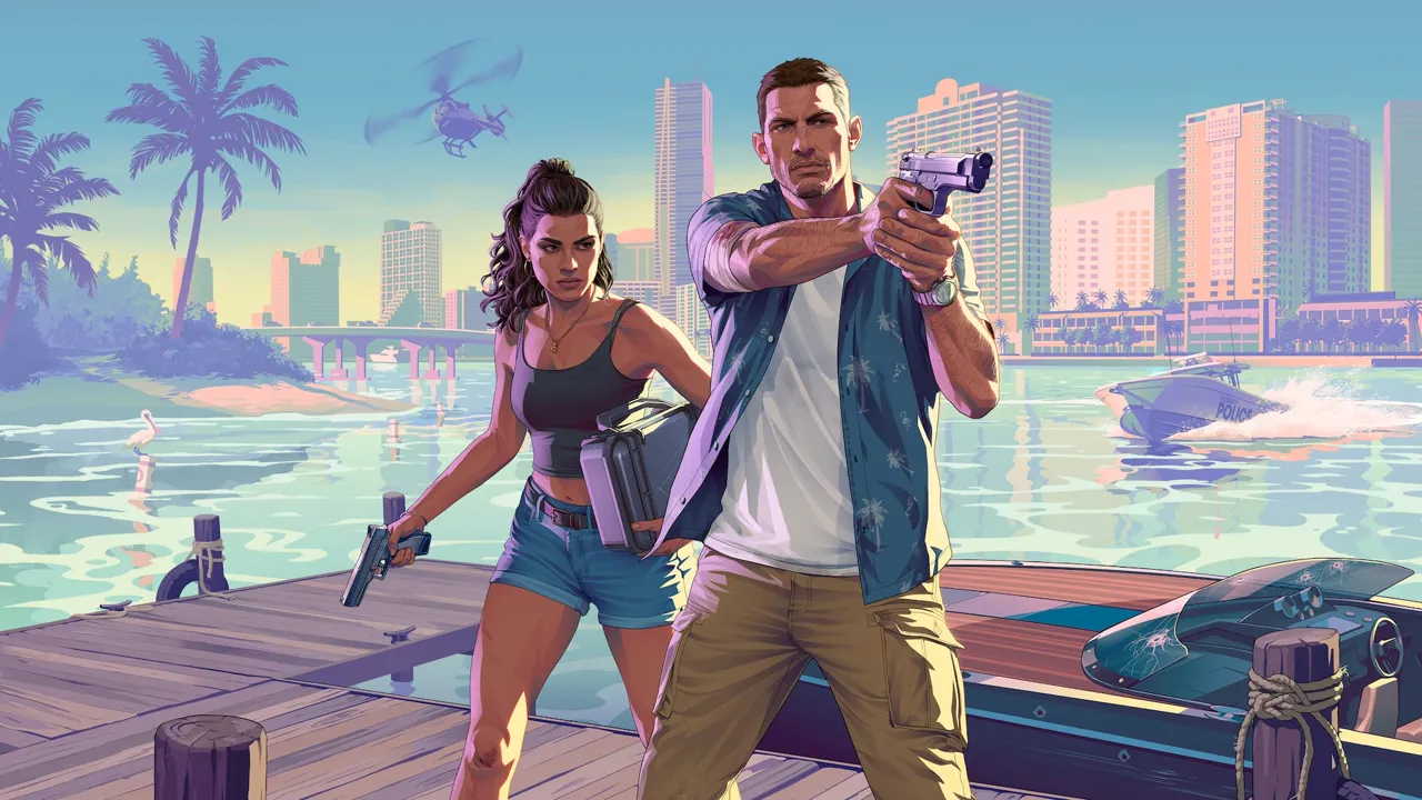 GTA 6 official artwork of Jason and Lucia in Vice City
