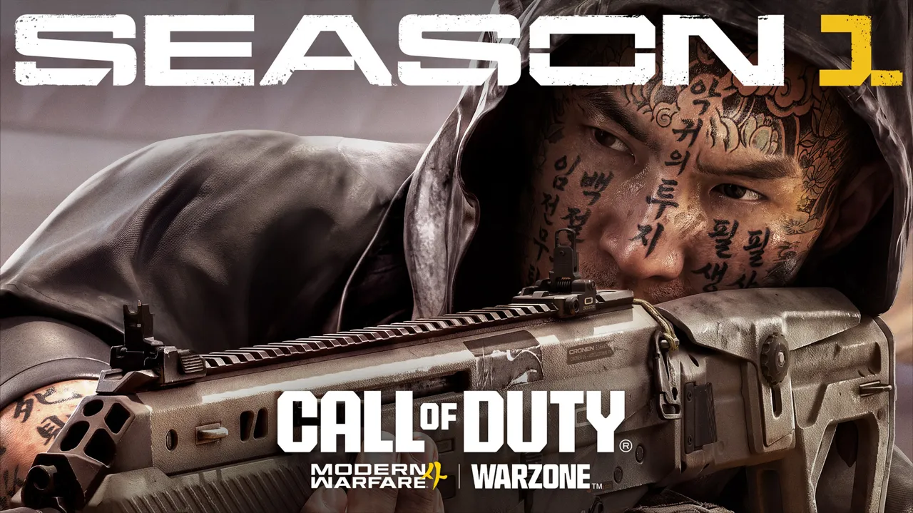 Modern Warfare 4 and Warzone Season 1 key art showing a tattooed operator aiming a rifle
