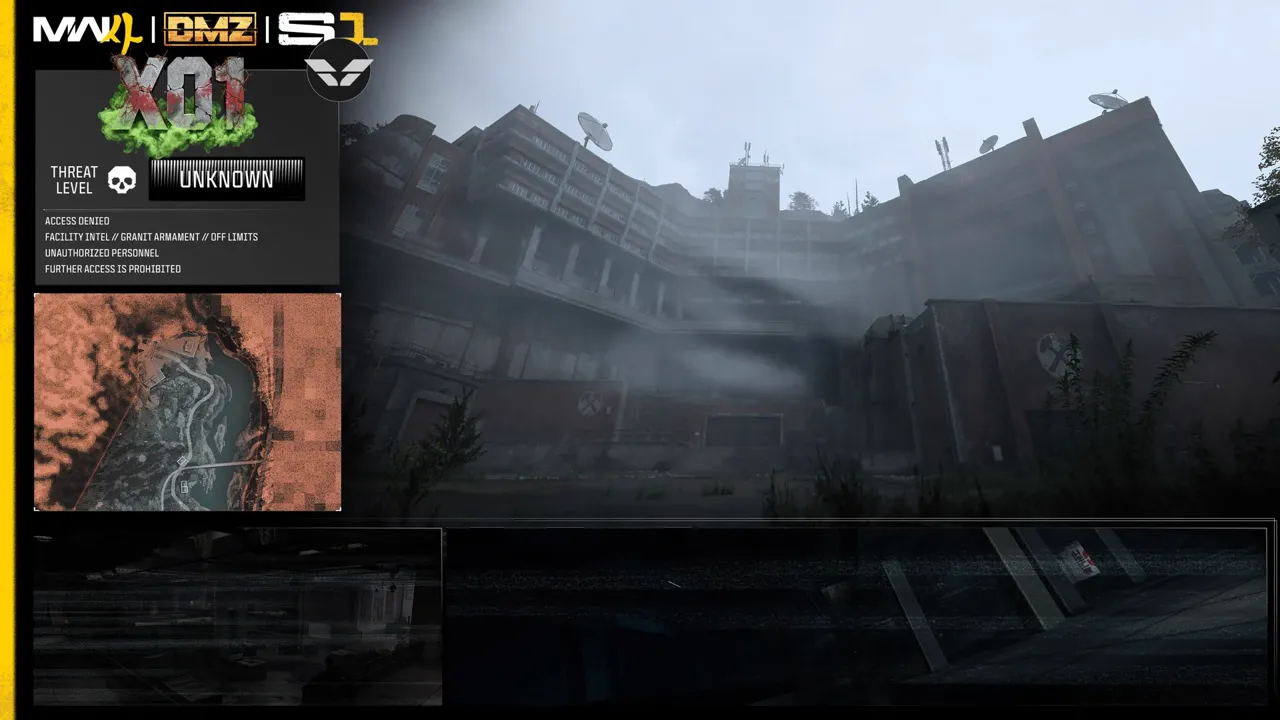 DMZ X01 black site briefing screen over a foggy facility exterior