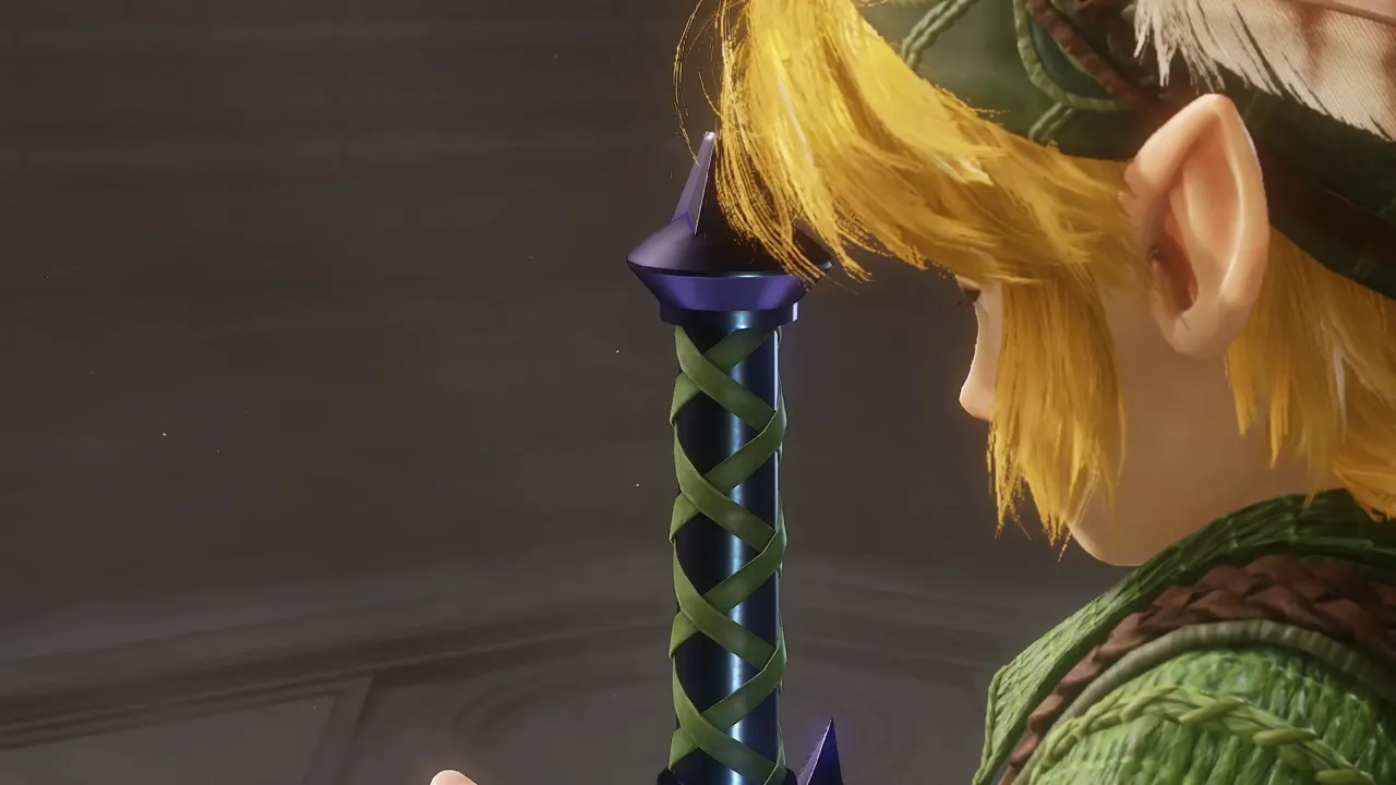 Link holding the Master Sword in the Ocarina of Time remake
