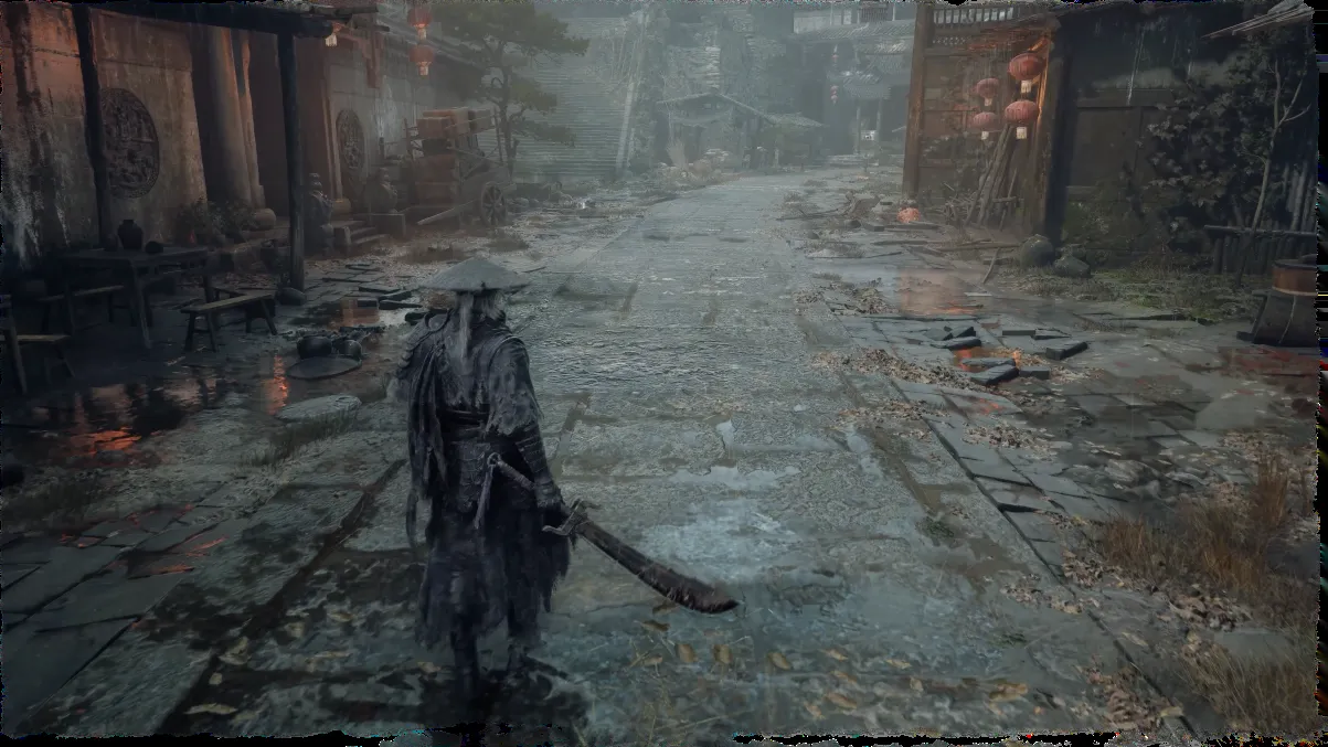 Soul walking through a rainy town in an official Phantom Blade Zero screenshot