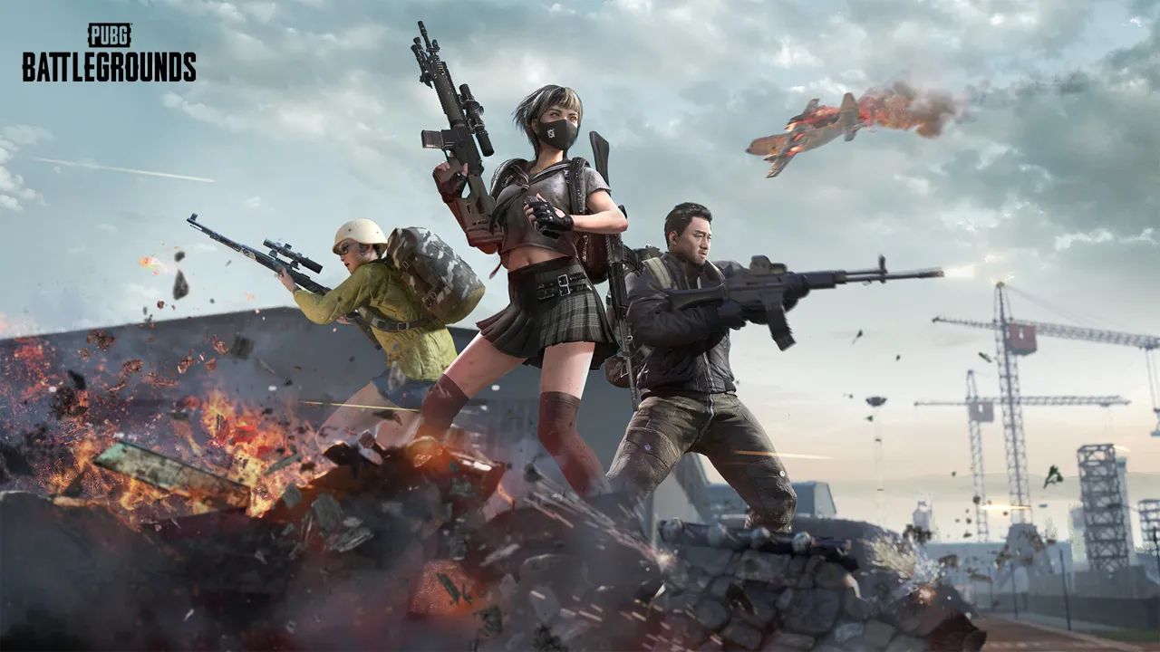 PUBG Battlegrounds key art showing three armed survivors in front of a burning wall