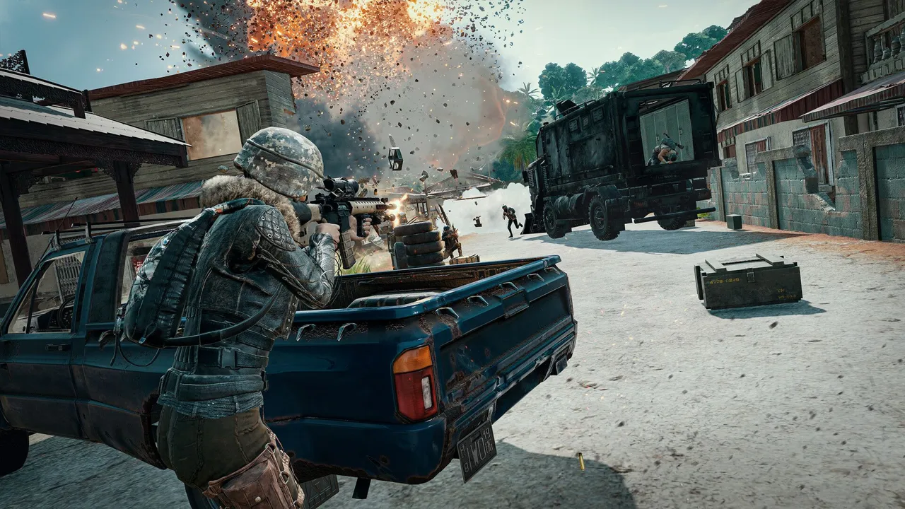A PUBG Battlegrounds player aims a rifle from behind a pickup truck as an explosion goes off