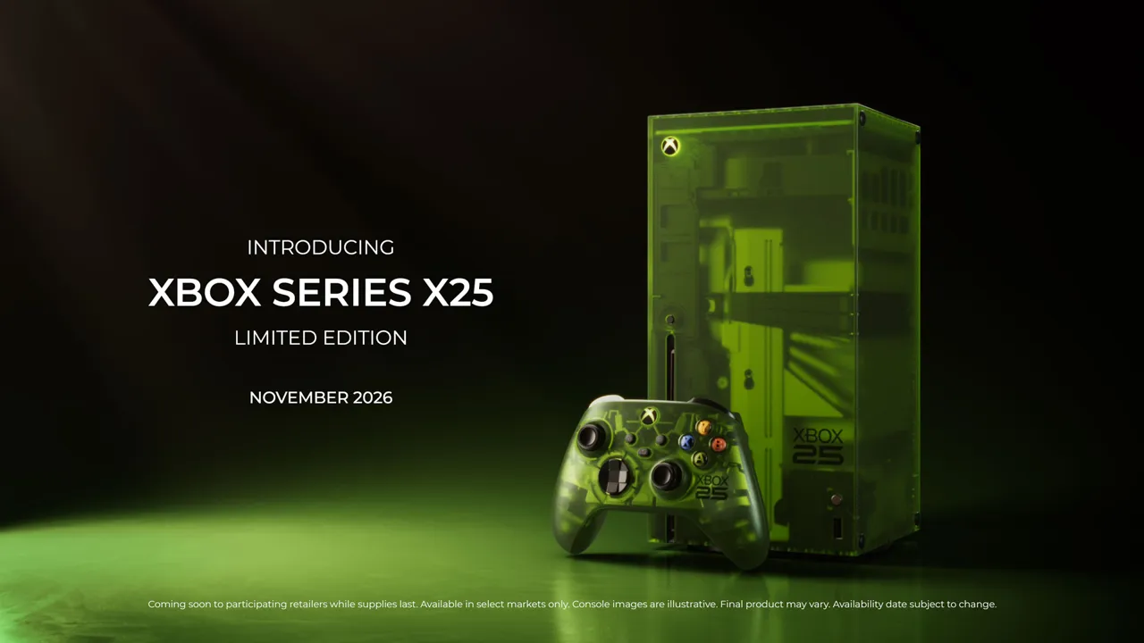 Xbox Series X25 Limited Edition console and controller on a dark green background