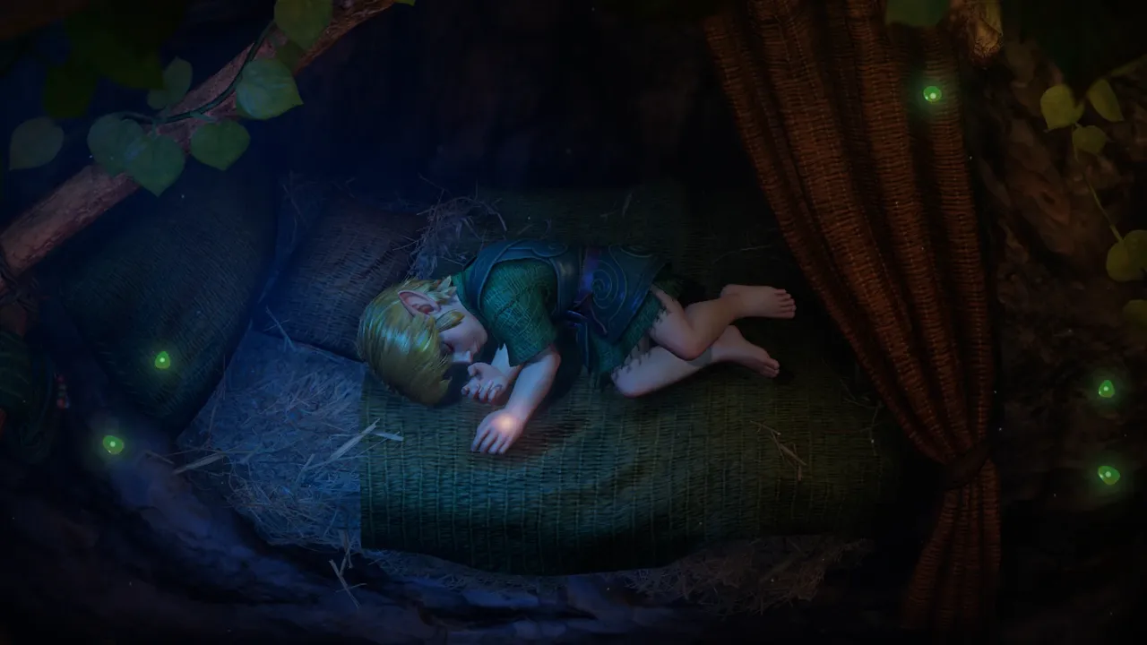 Young Link sleeping in his treehouse in the Ocarina of Time remake